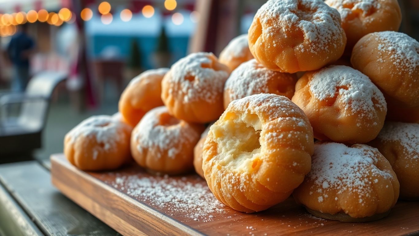 Golden oliebollen dusted with powdered sugar at a fair.