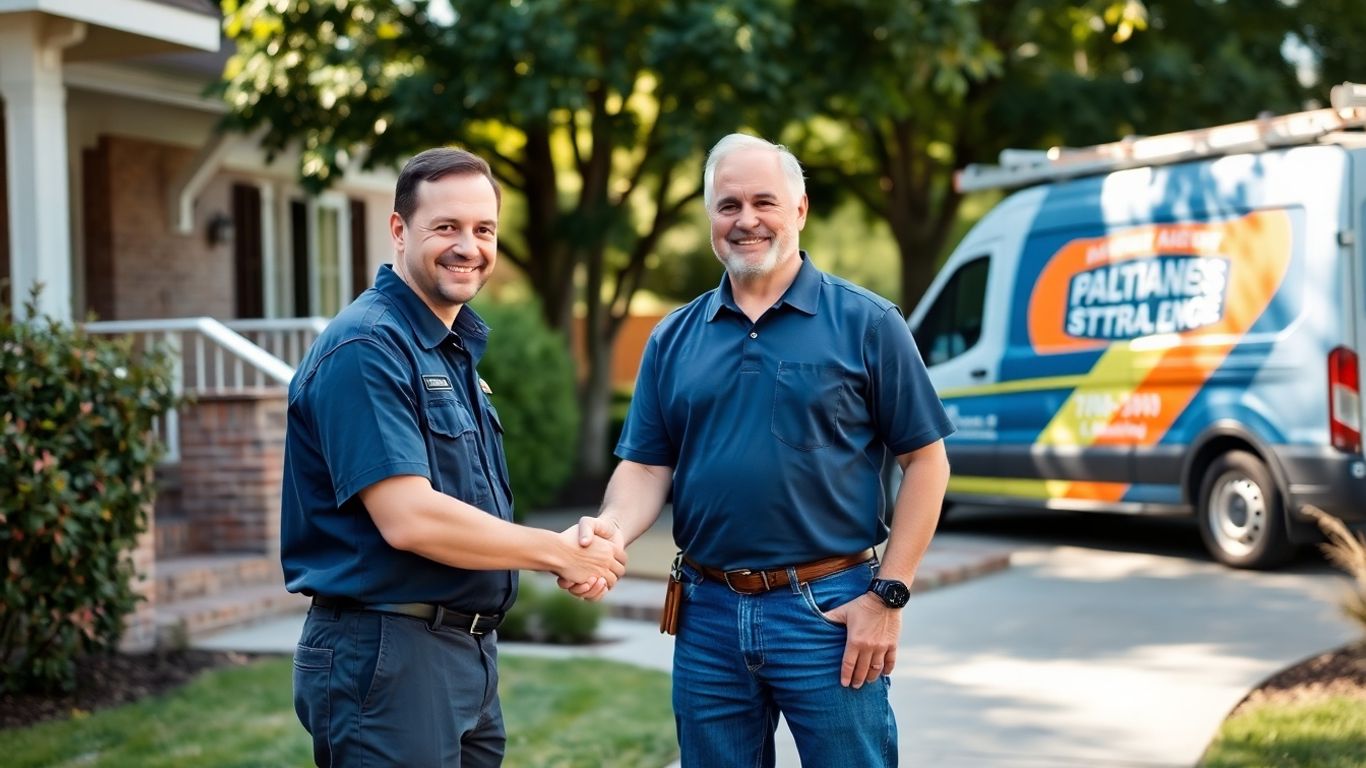 Contractor shakes hands with homeowner by house and van