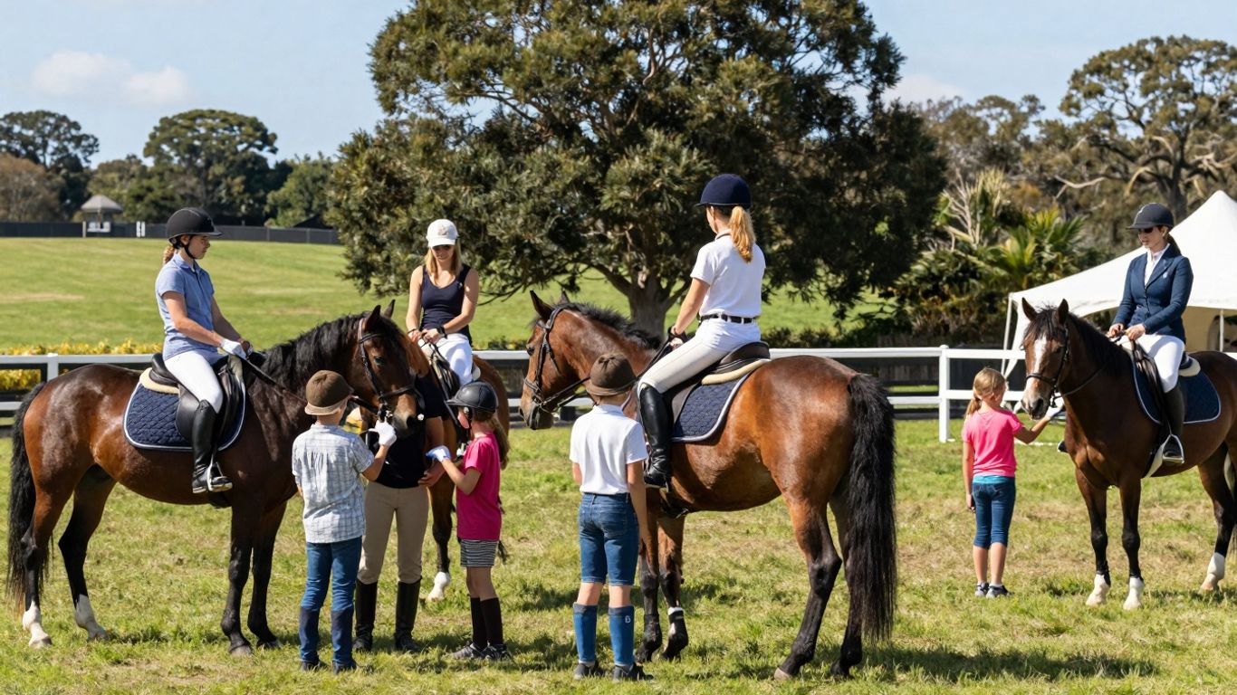 Kids and adults enjoying pony rides and activities at La Perouse Pony Club.