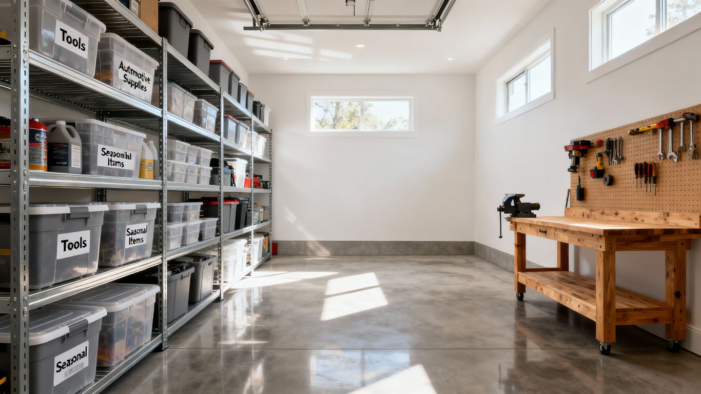 Modern garage interior with storage and workbench.