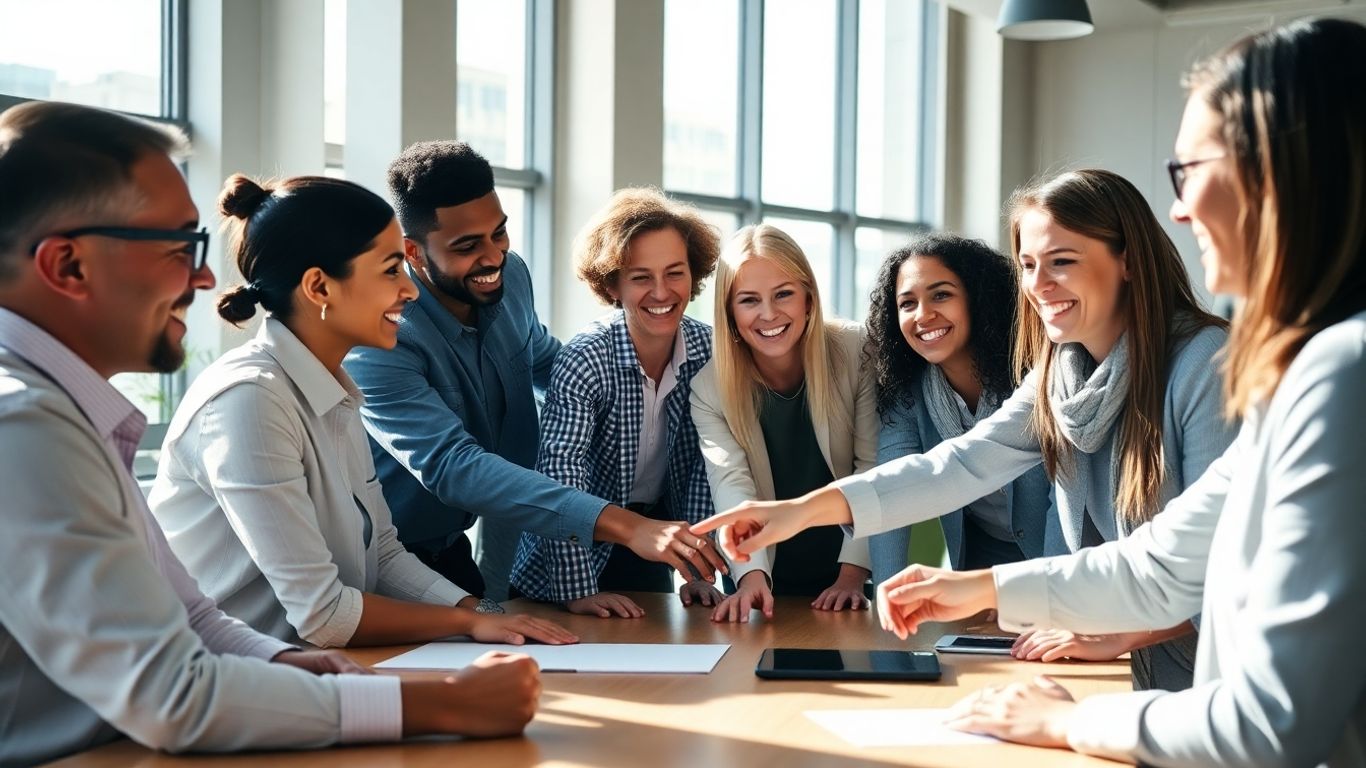Diverse team collaborating in a modern office setting.