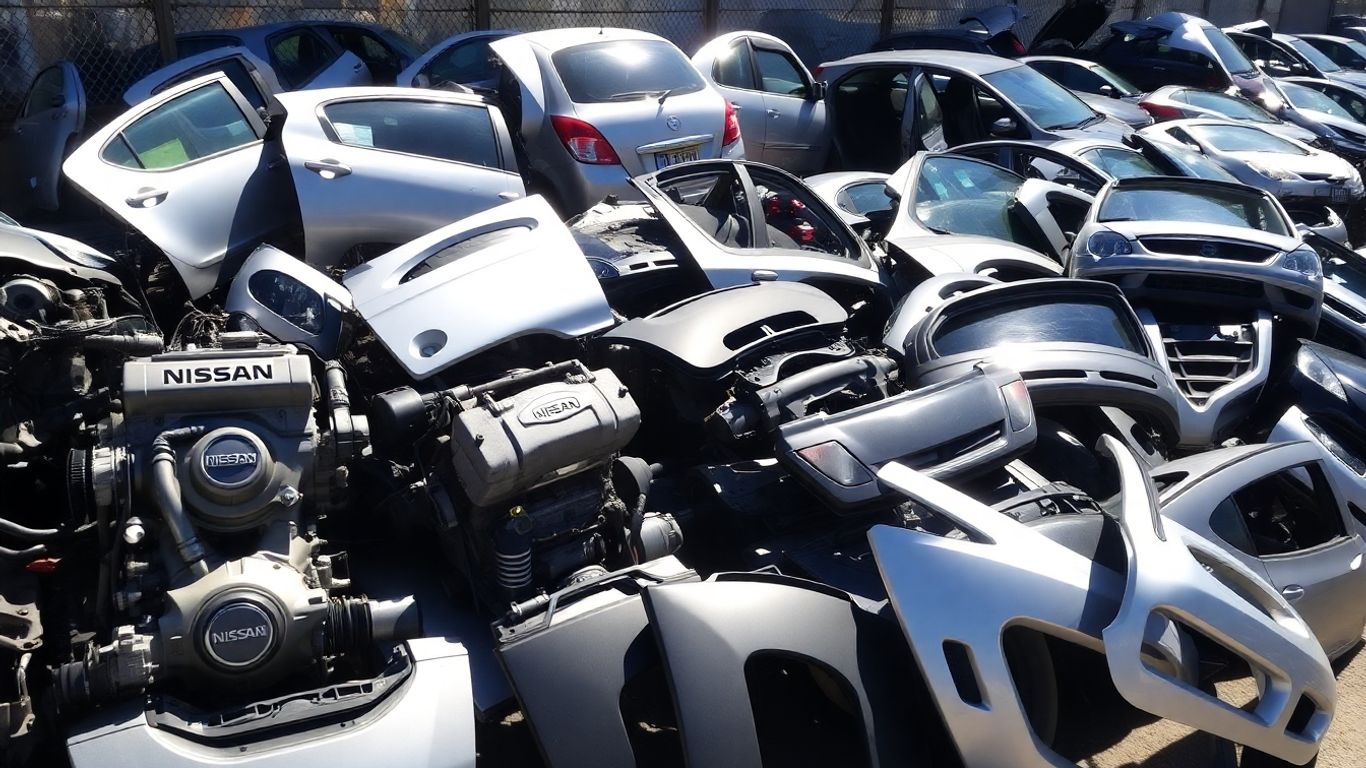 Nissan car parts in a salvage yard.