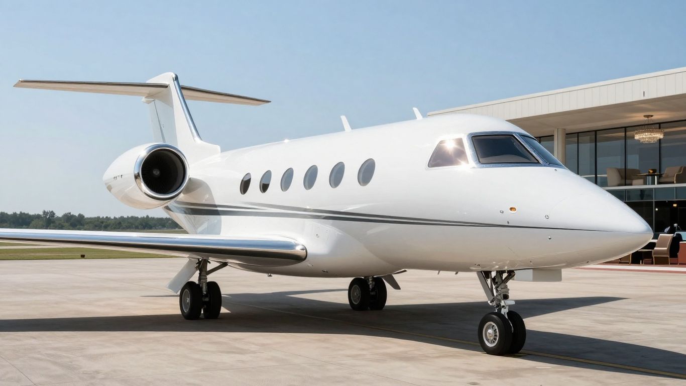 Private jet on tarmac with luxury lounge in background.