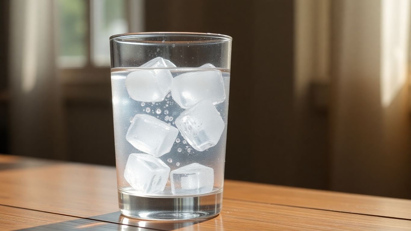 Glass of water with ice and condensation.