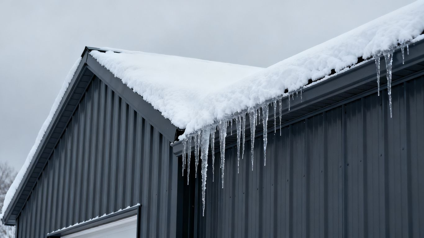 Snow-covered metal roof with icicles in winter.