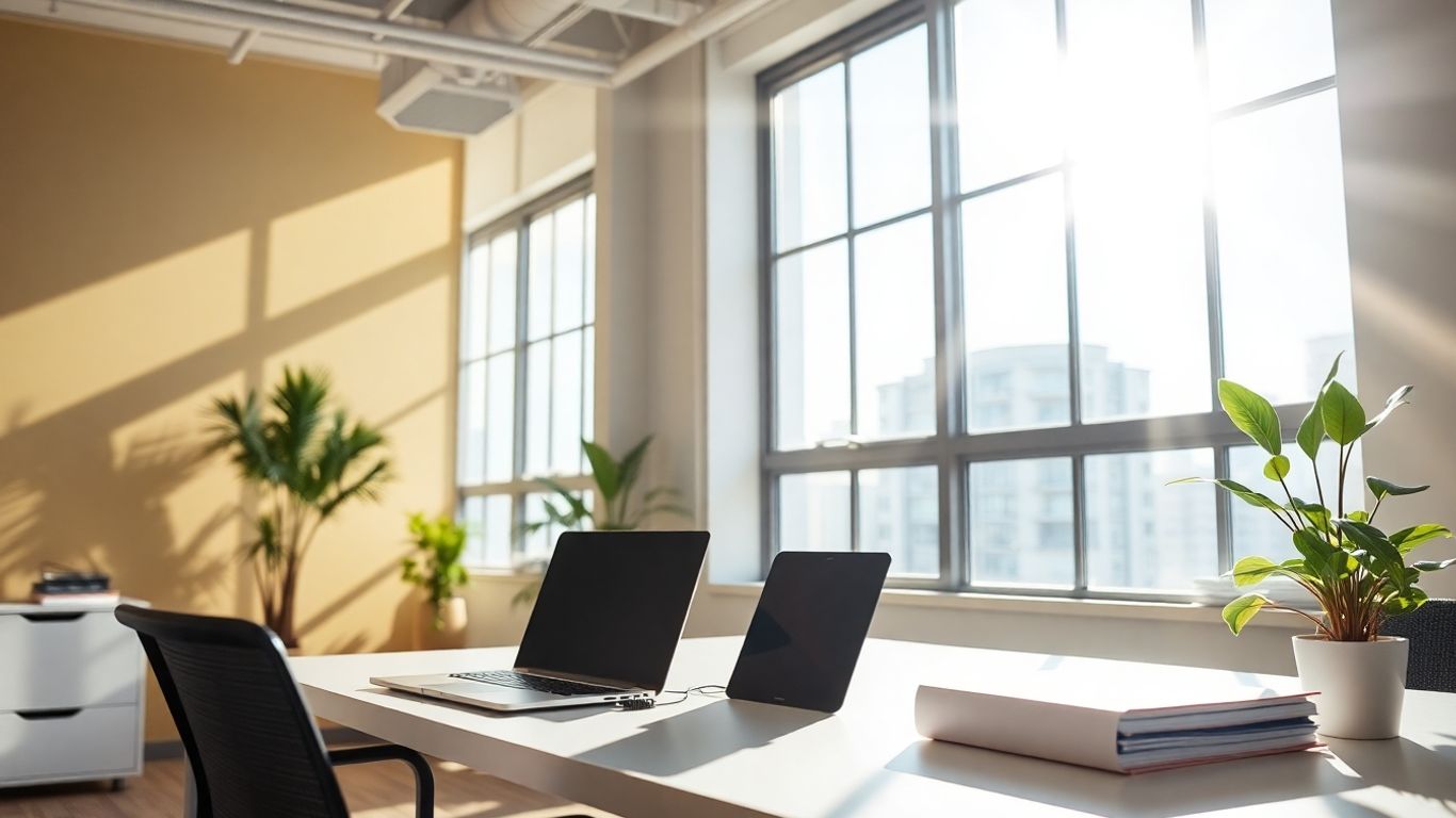 Escritório moderno com luz natural e planta.