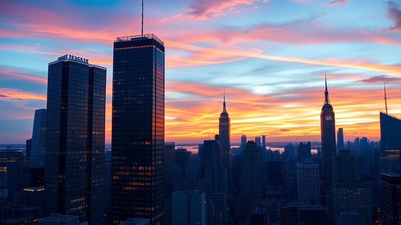 New York City skyline at dusk, glowing buildings