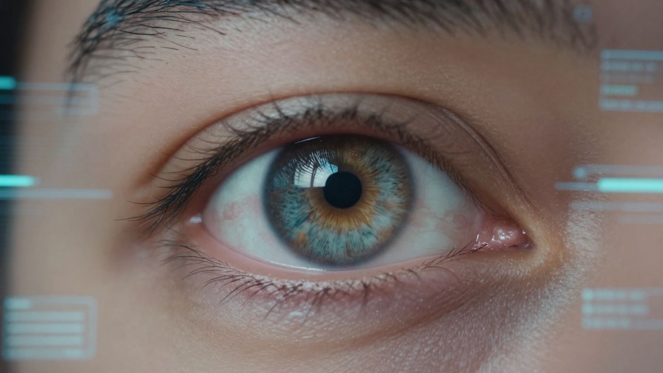 Eye with fingerprint overlay, futuristic digital background.