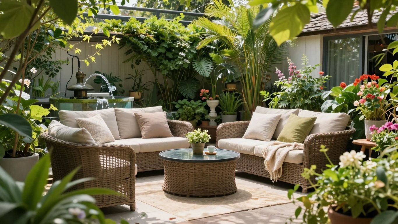 Gemütlicher Garten mit Pflanzen und Sitzgelegenheiten