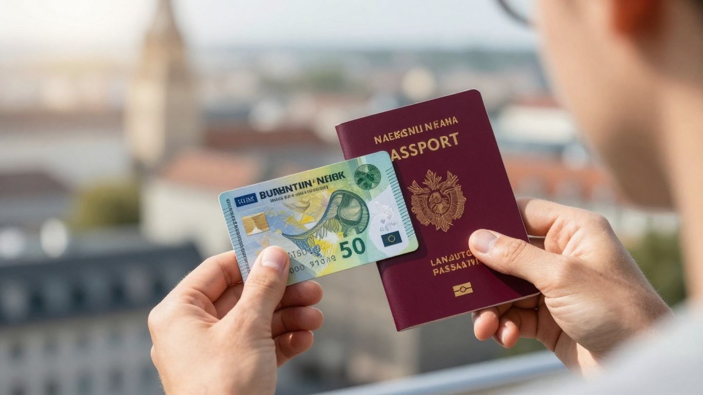 German bank card and passport with cityscape.