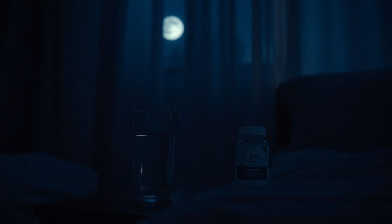 Arginine supplement bottle and water glass on nightstand before sleep.