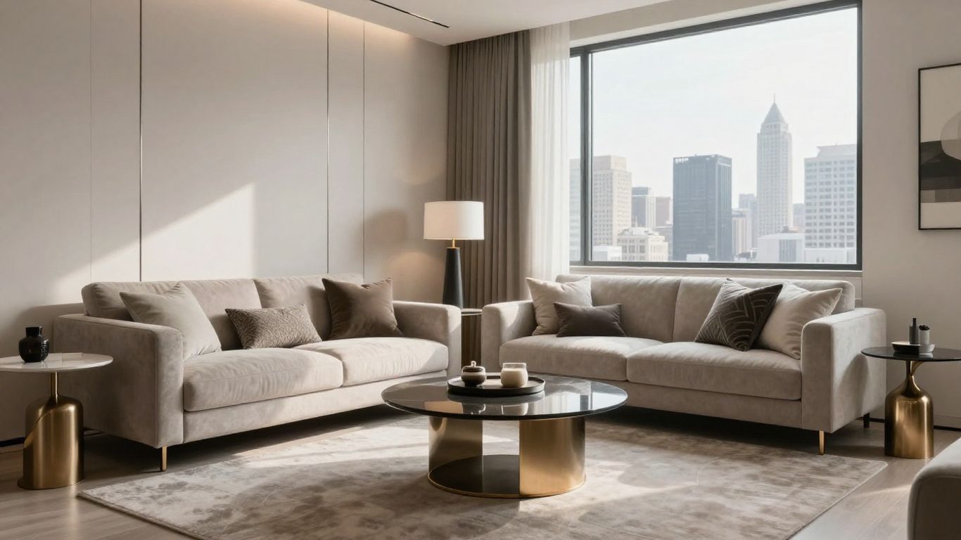 Stylish Airbnb living room interior with city view.