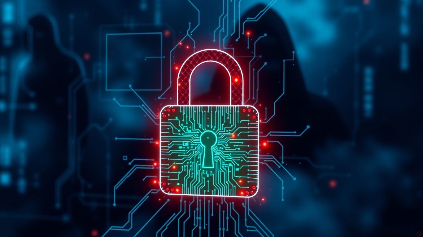 Digital lock breached by shadowy hacker figures.