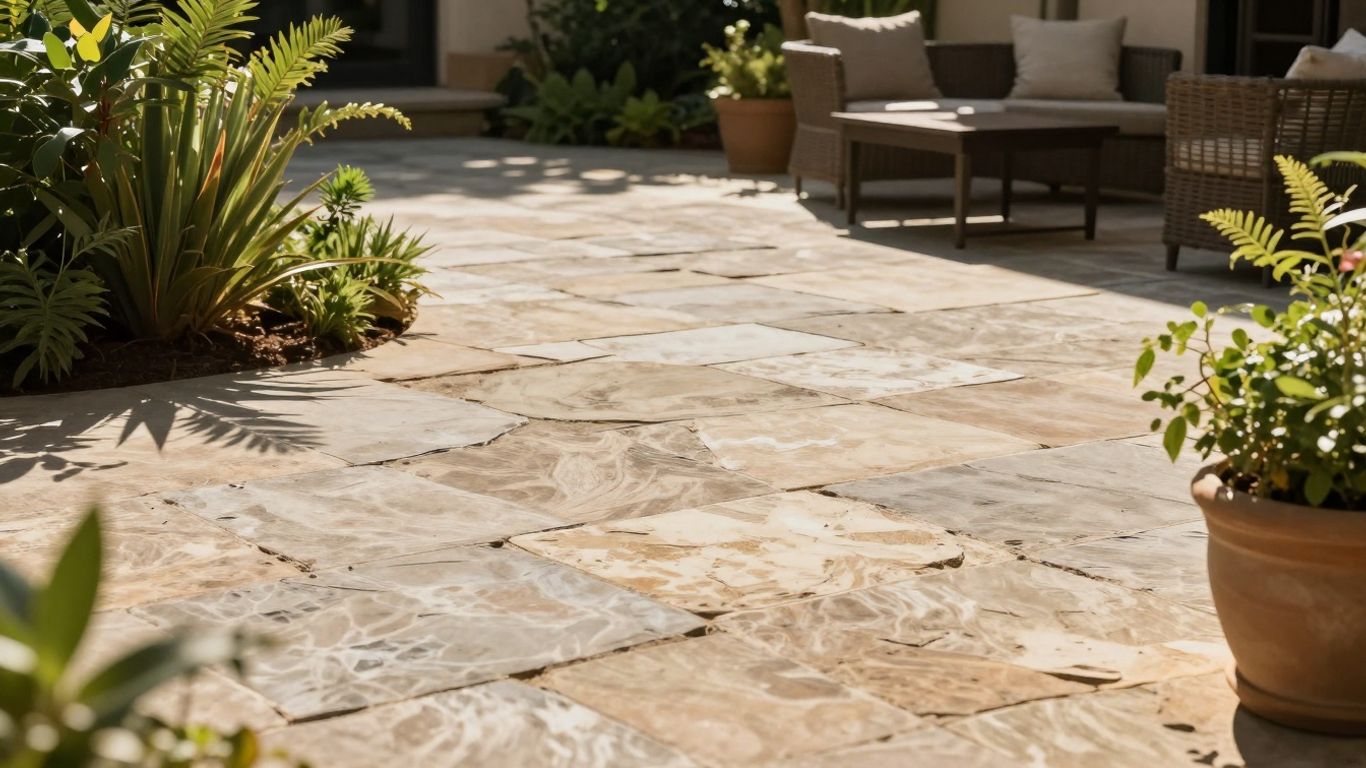 Moderne Steinterrasse mit bequemen Gartenmöbeln und Pflanzen.