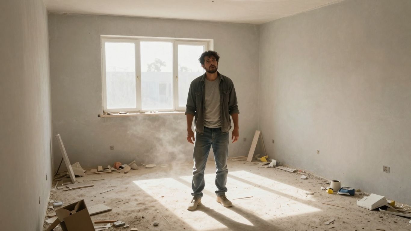 Homeowner overwhelmed by post-construction dust and debris.