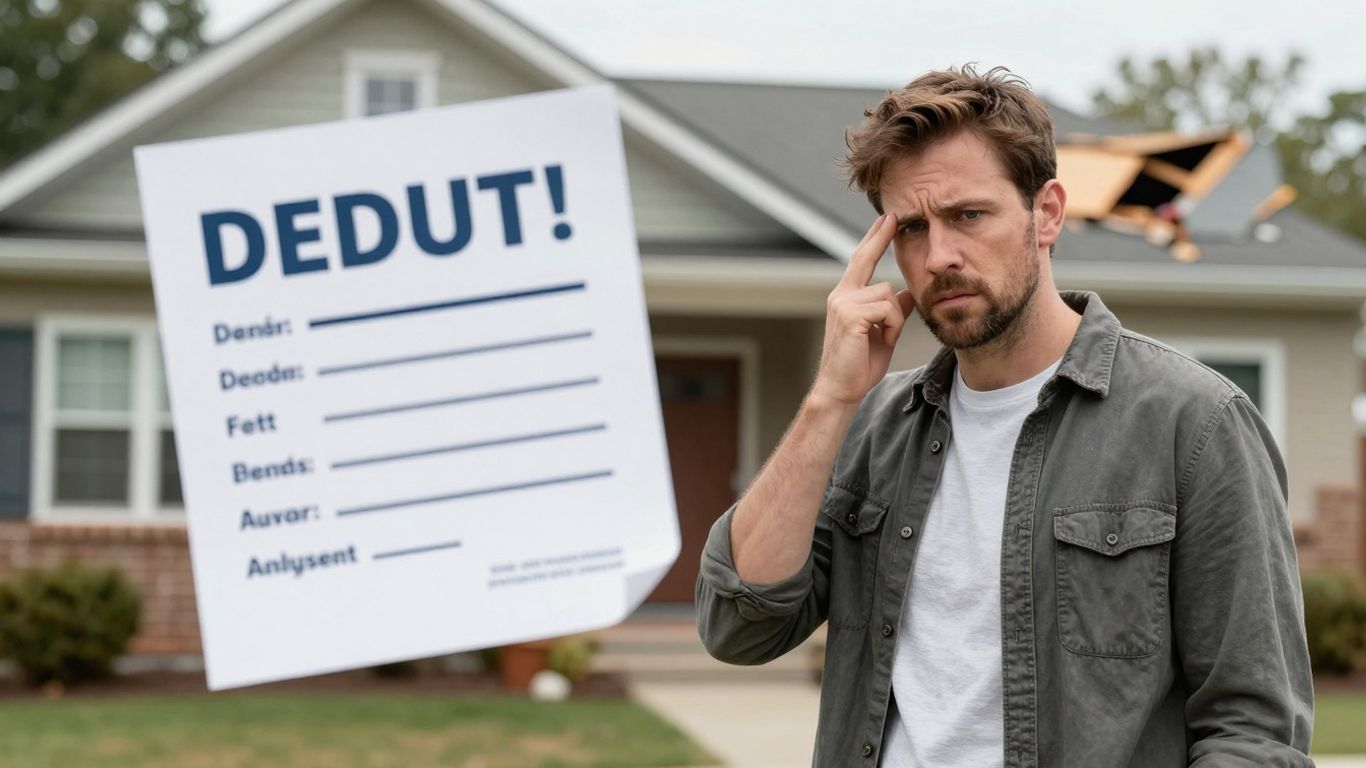 Homeowner facing damaged house with deductible amount.