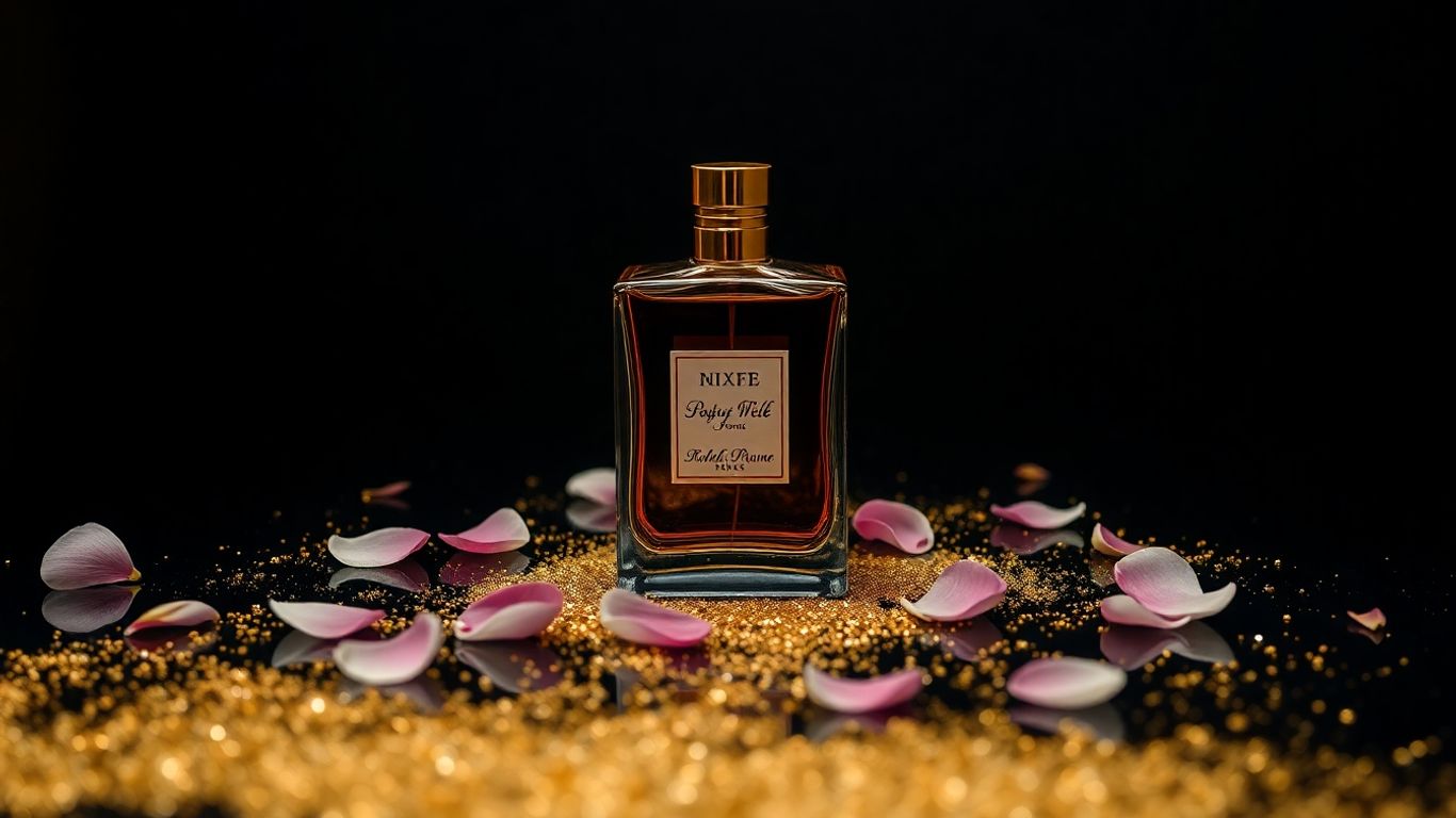 Elegant perfume bottle with flowers and gold dust.