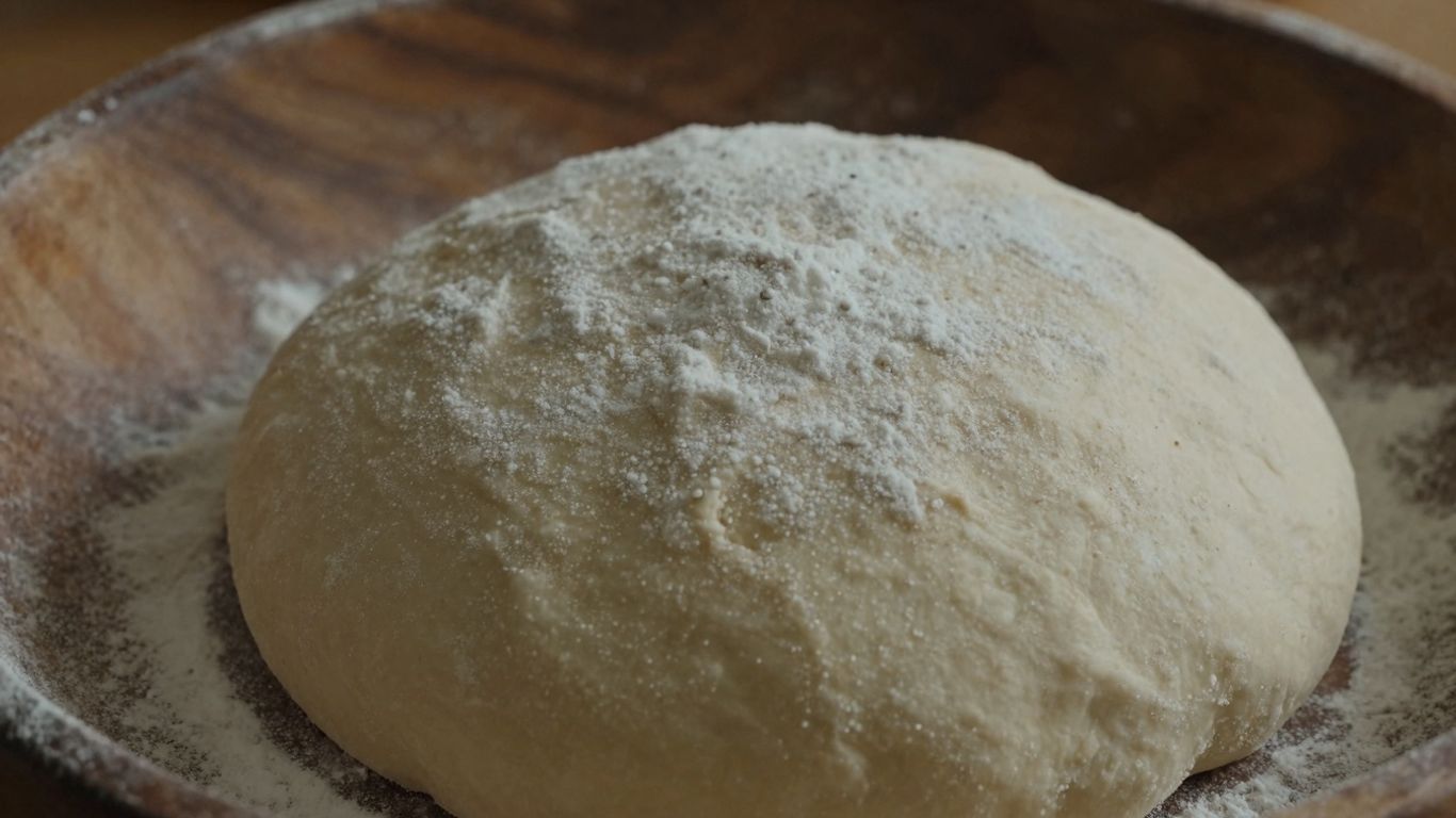Flour-dusted pizza dough ball in a wooden bowl.