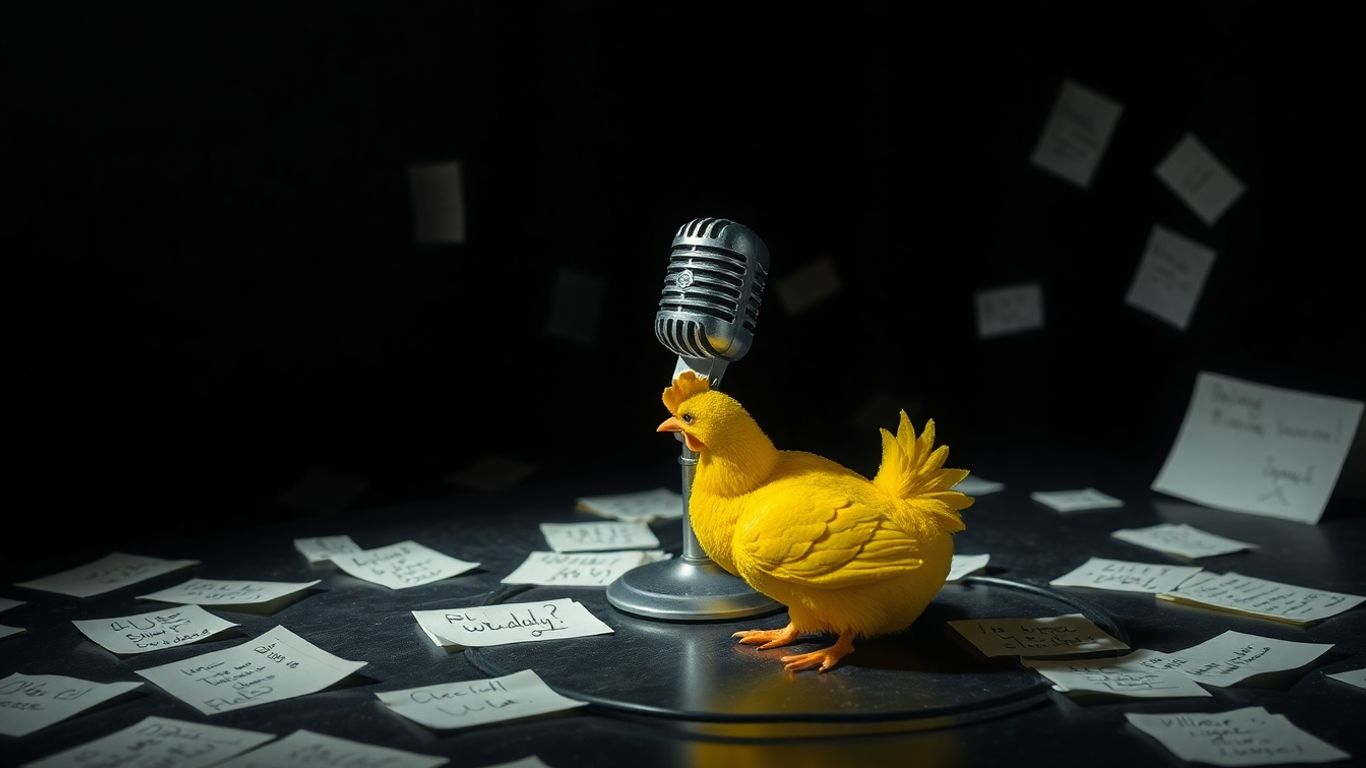 Comedy writing course guide with microphone and rubber chicken.