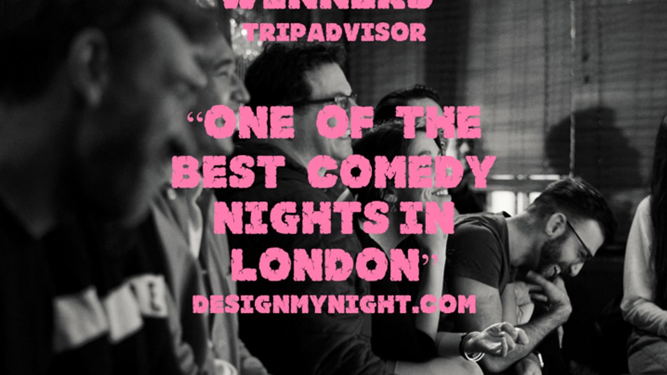 People laughing at a comedy night, positive reviews overlaid text.