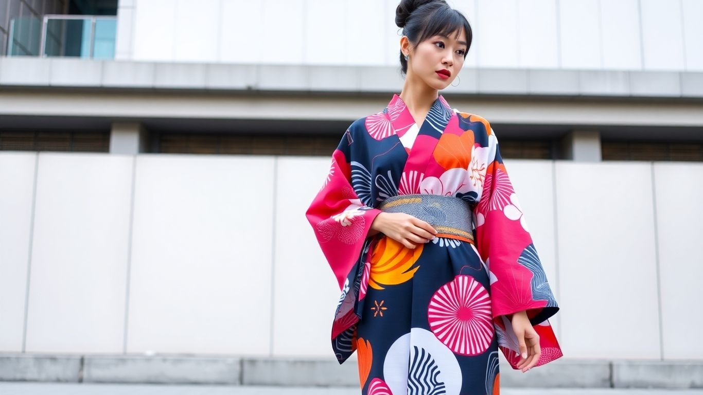 Woman wearing a modern, stylish Japanese kimono.
