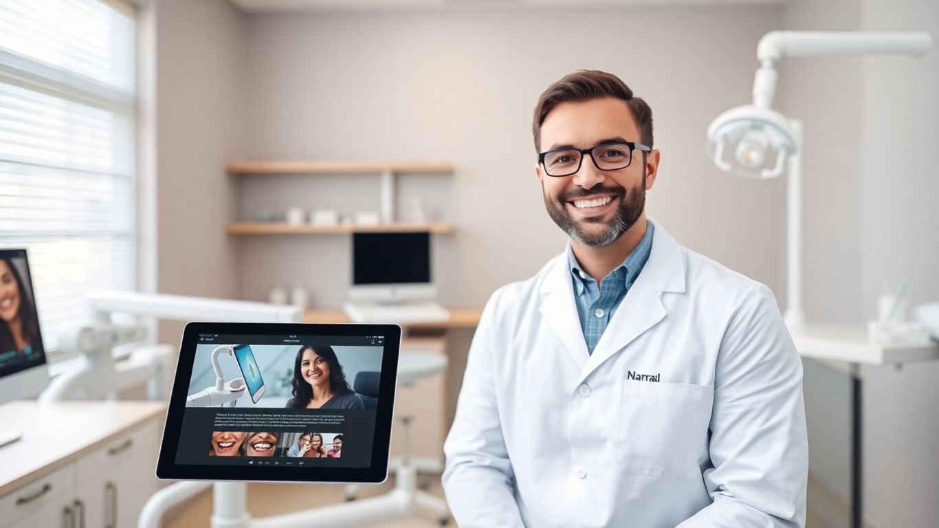 Dentist in modern clinic with tablet and dental tools