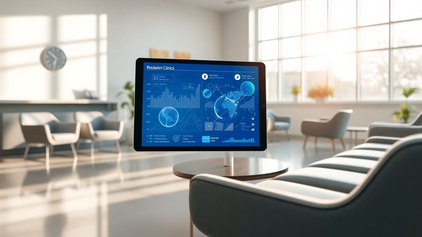 Modern clinic interior with digital data display.