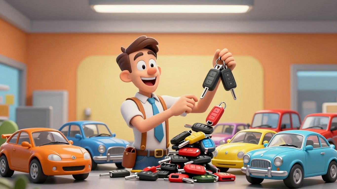 Dealership owner with car keys and vehicles.