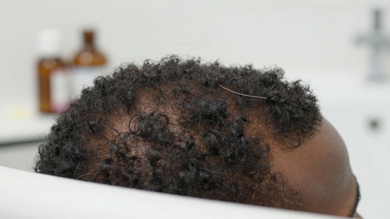 Man with thinning hair and falling strands near medication.