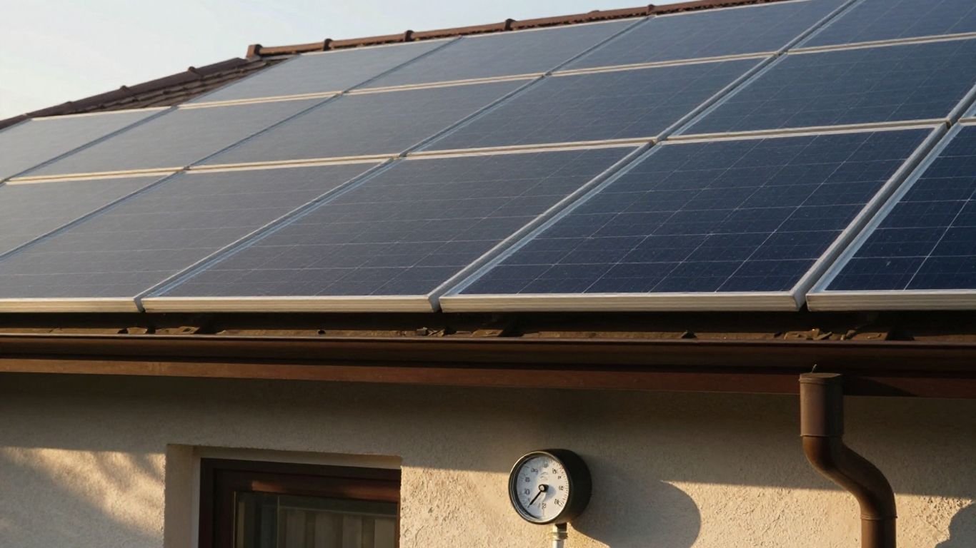 Panneaux solaires sur un toit avec une maison en dessous.