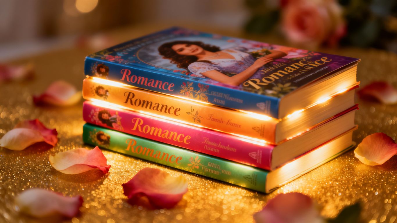Stack of colorful romance novels with scattered rose petals.