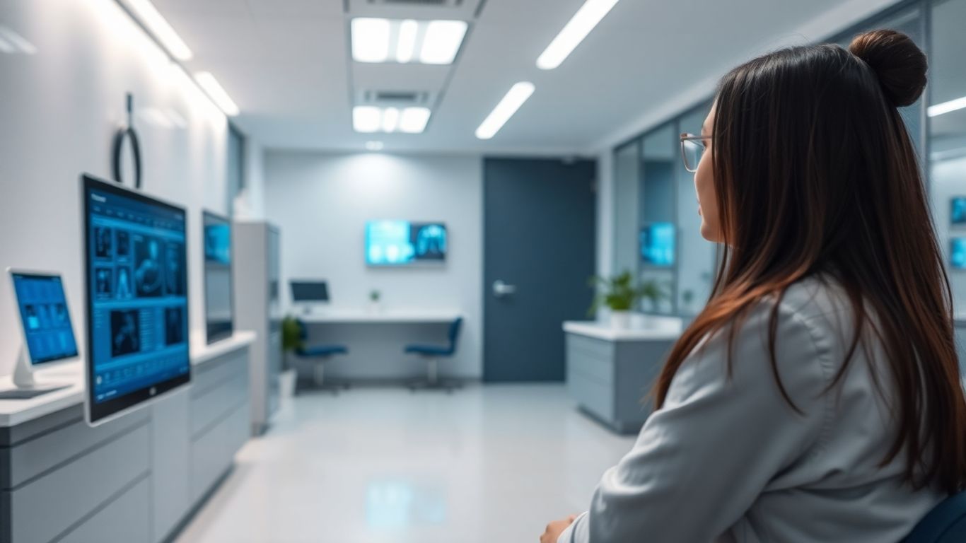 Doctor and patient with AI technology in a modern clinic.