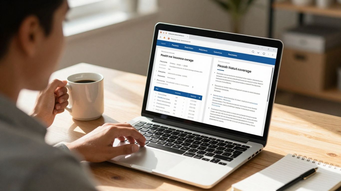Freelancer choosing health insurance on a laptop.