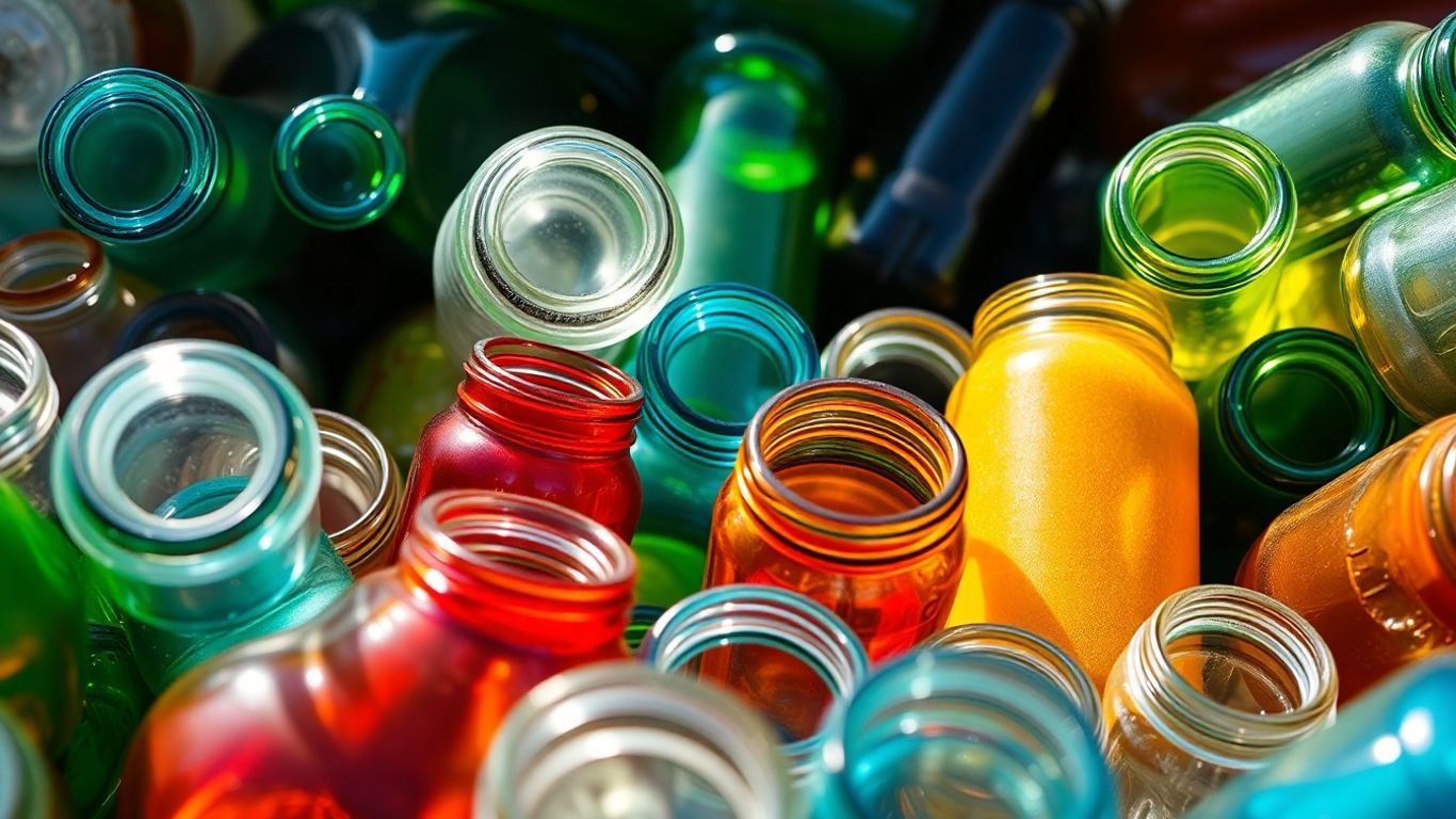 Colorful glass bottles and jars ready for recycling.