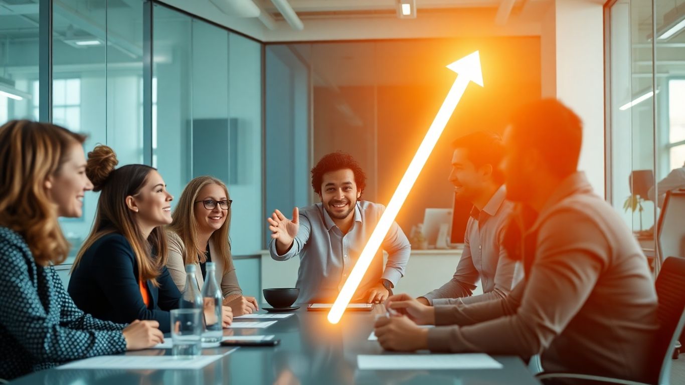 Business professionals collaborating, with a leader pointing to a bright light.