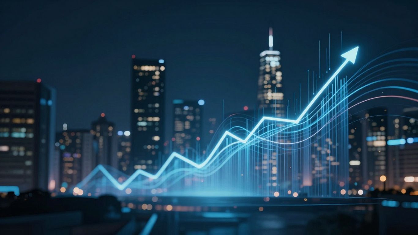 Futuristic cityscape with glowing data lines and abstract financial chart.