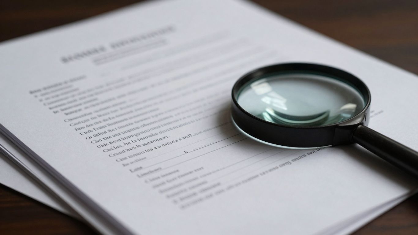 Magnifying glass over legal documents, tax law concept.