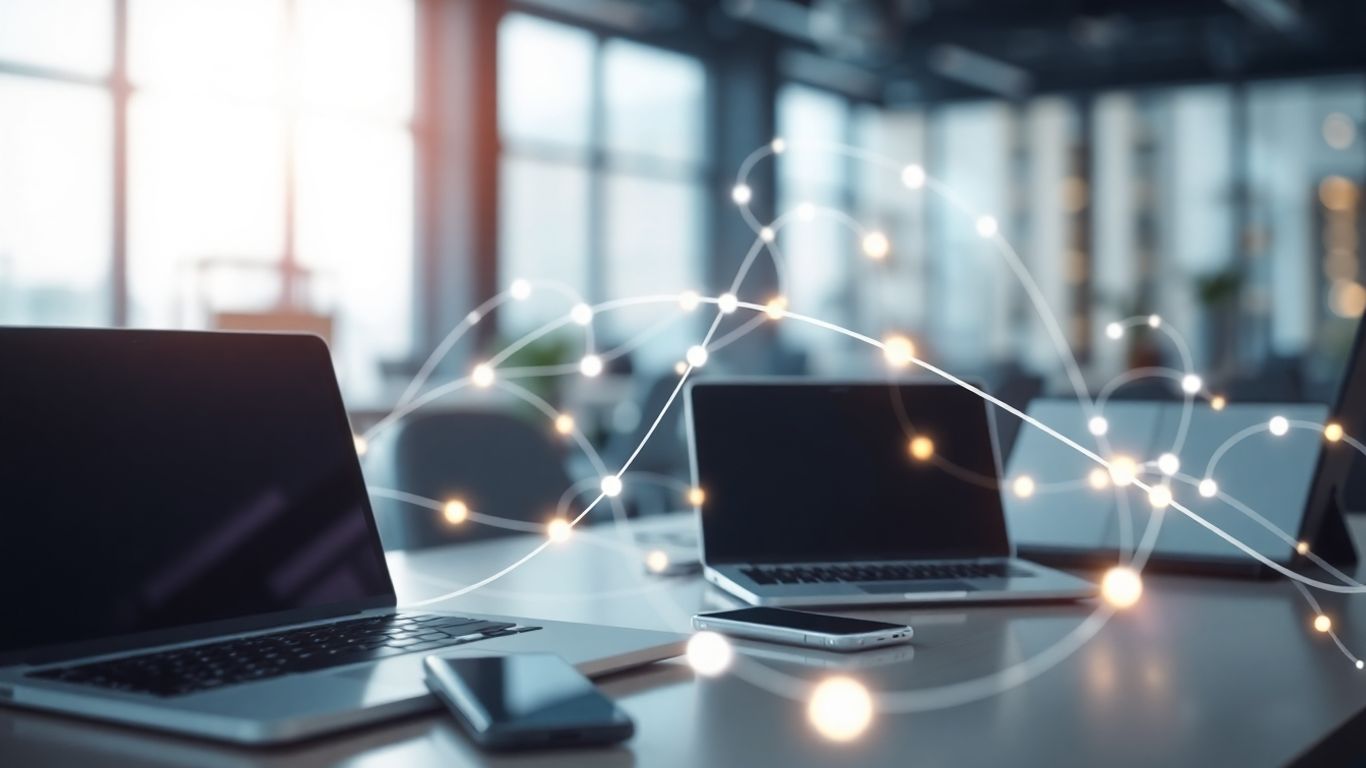 Digital devices and glowing lines symbolizing ICT