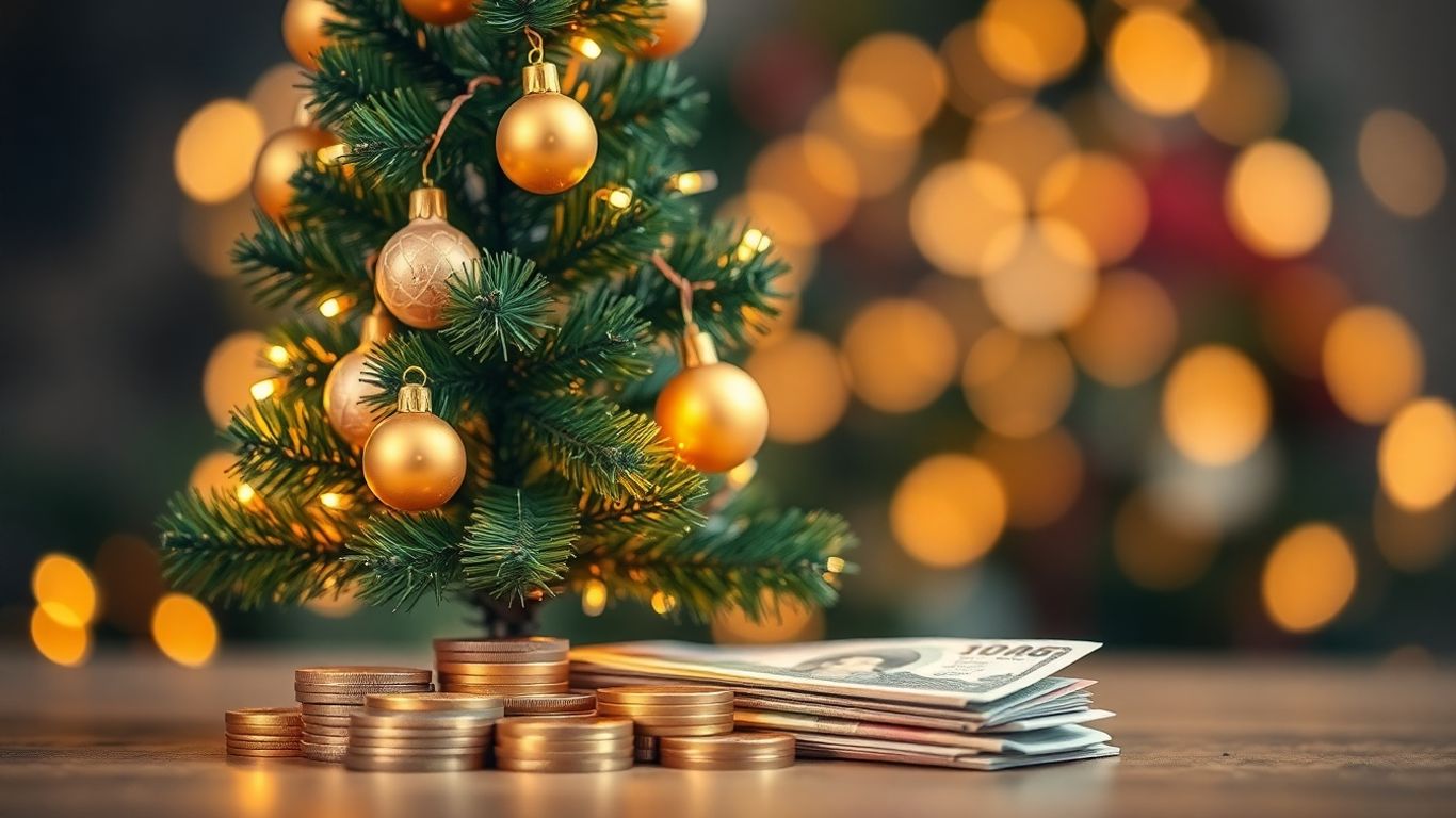 Arbre de Noël festif avec des pièces et des billets.