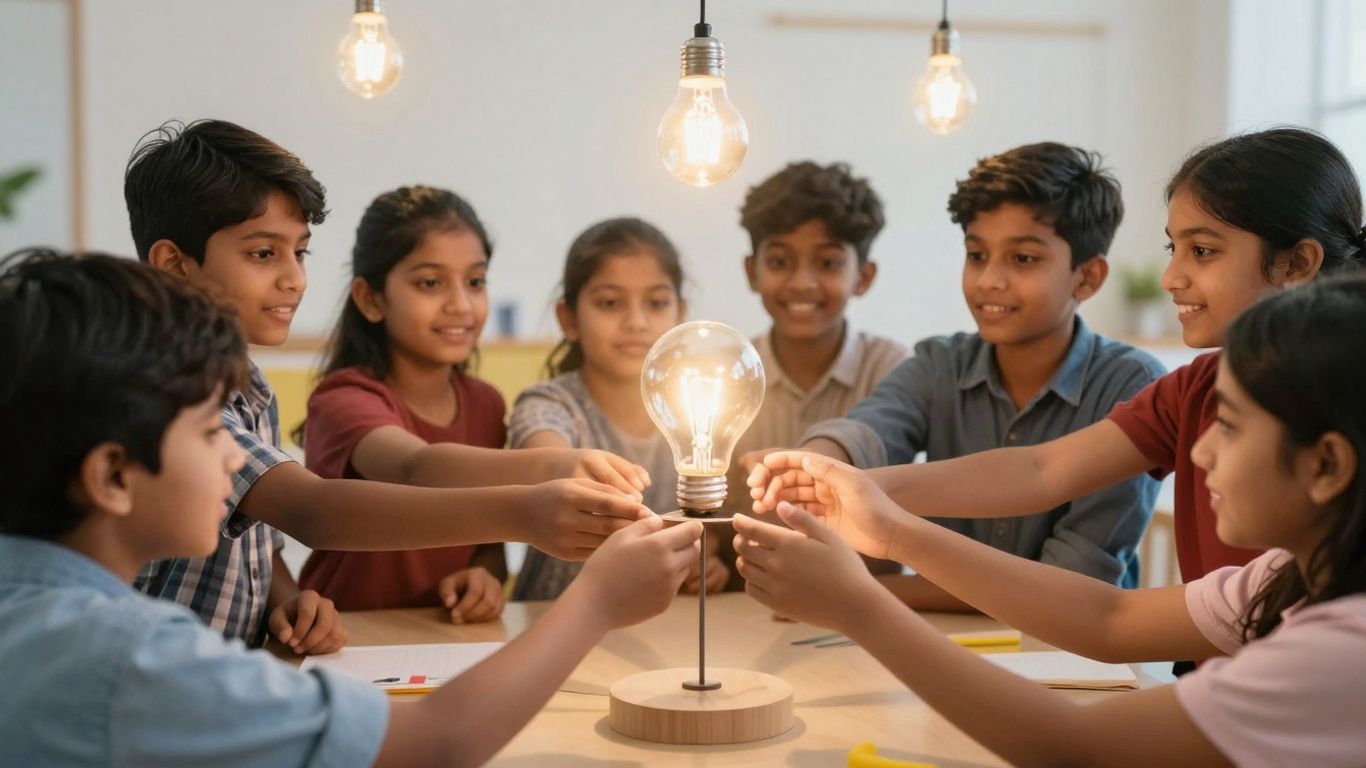 Students collaborating on an innovative invention project with glowing lightbulbs.