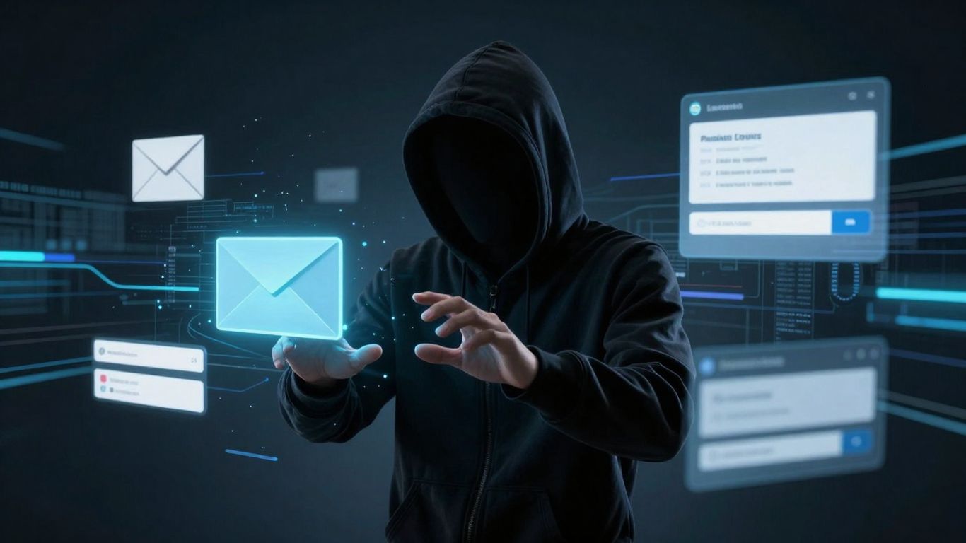 Cyber attacker manipulating digital data streams with social engineering elements.