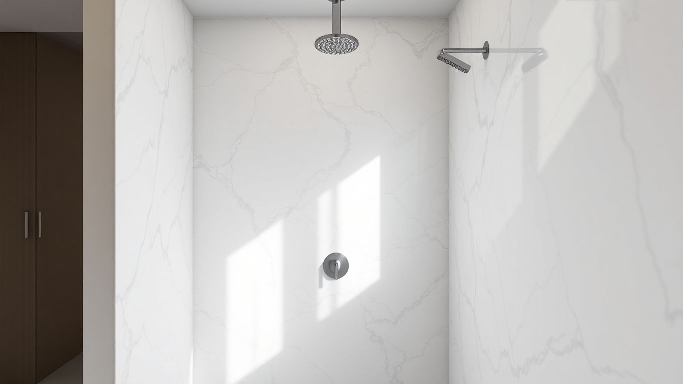 Luxurious marble shower with elegant veining and modern fixtures.