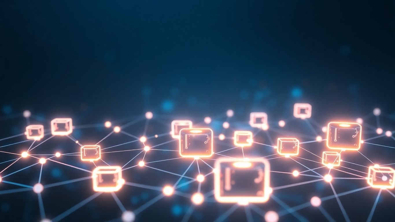 Interconnected glowing digital blocks forming a secure network.