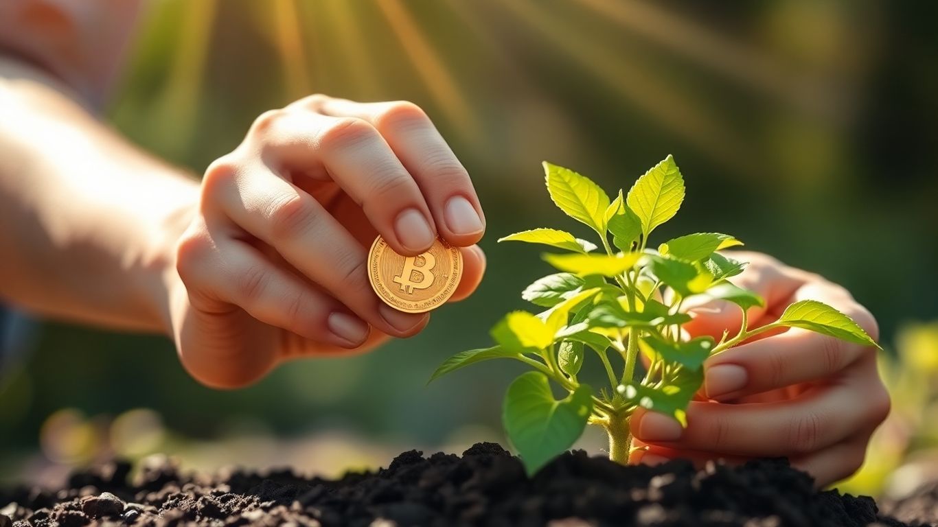Hands placing coin into a growing plant.