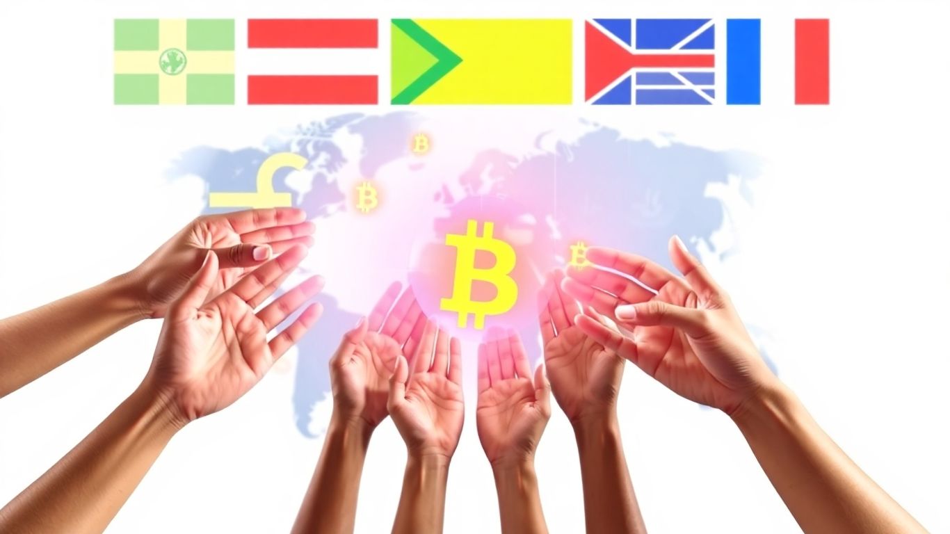 Global hands exchanging digital currency, international cooperation.