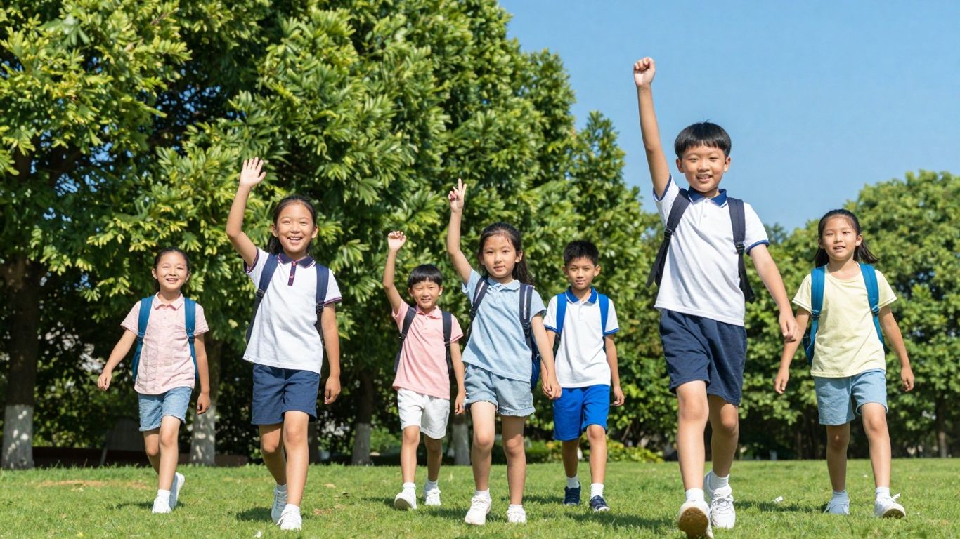Schulkinder spielen im Freien während der Ferien.
