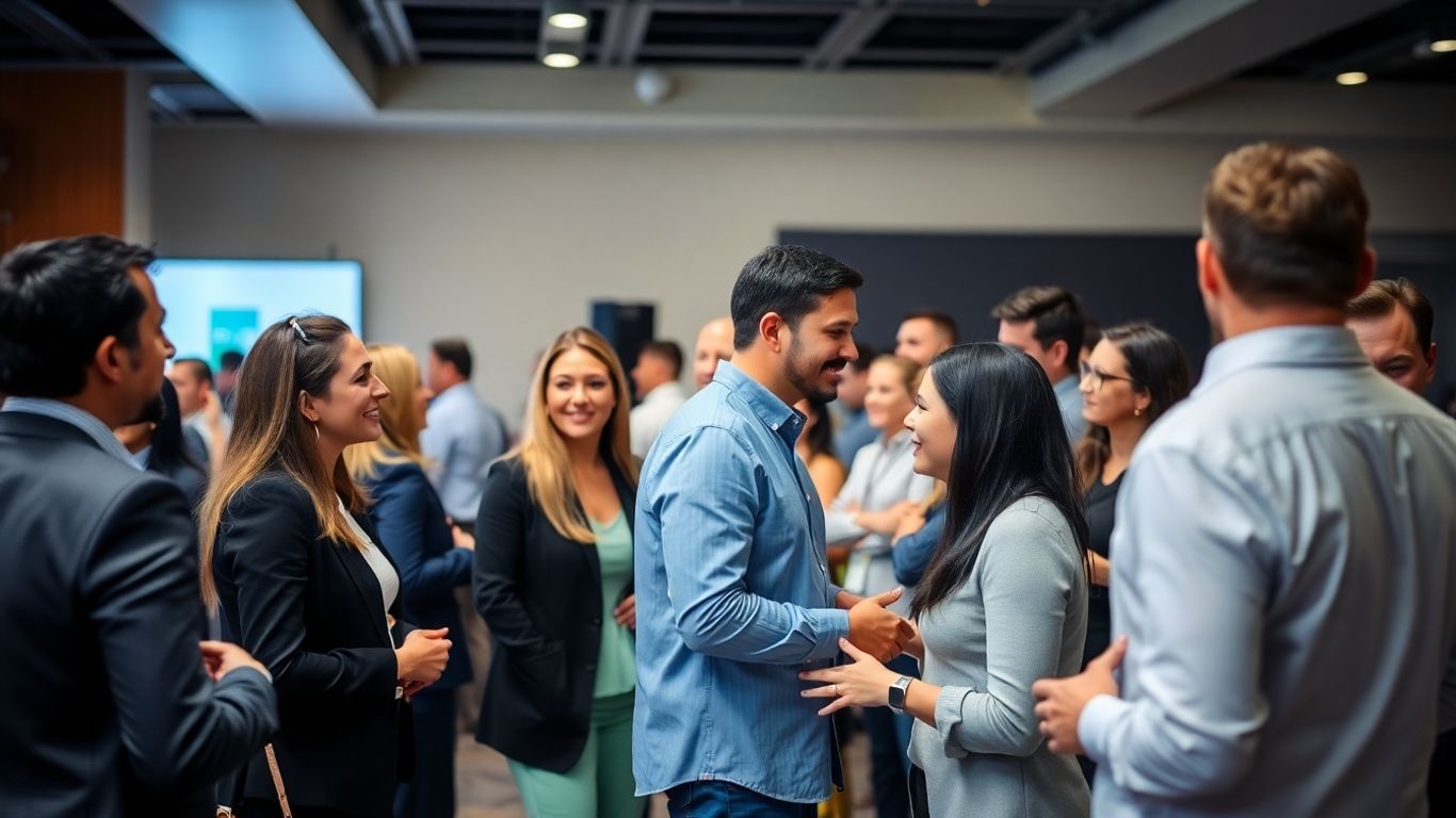 Professionals networking at a career event.