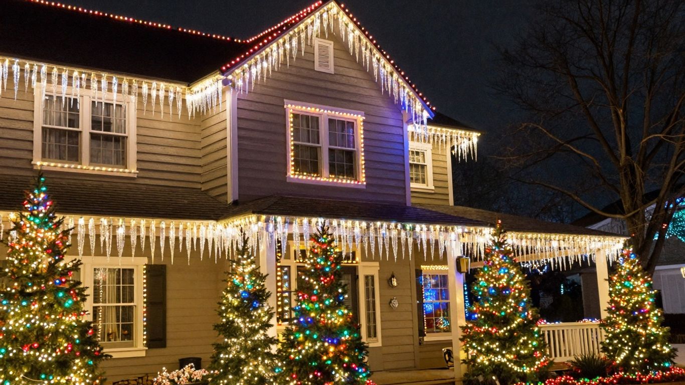 Festive house decorated with colorful Christmas lights at night.