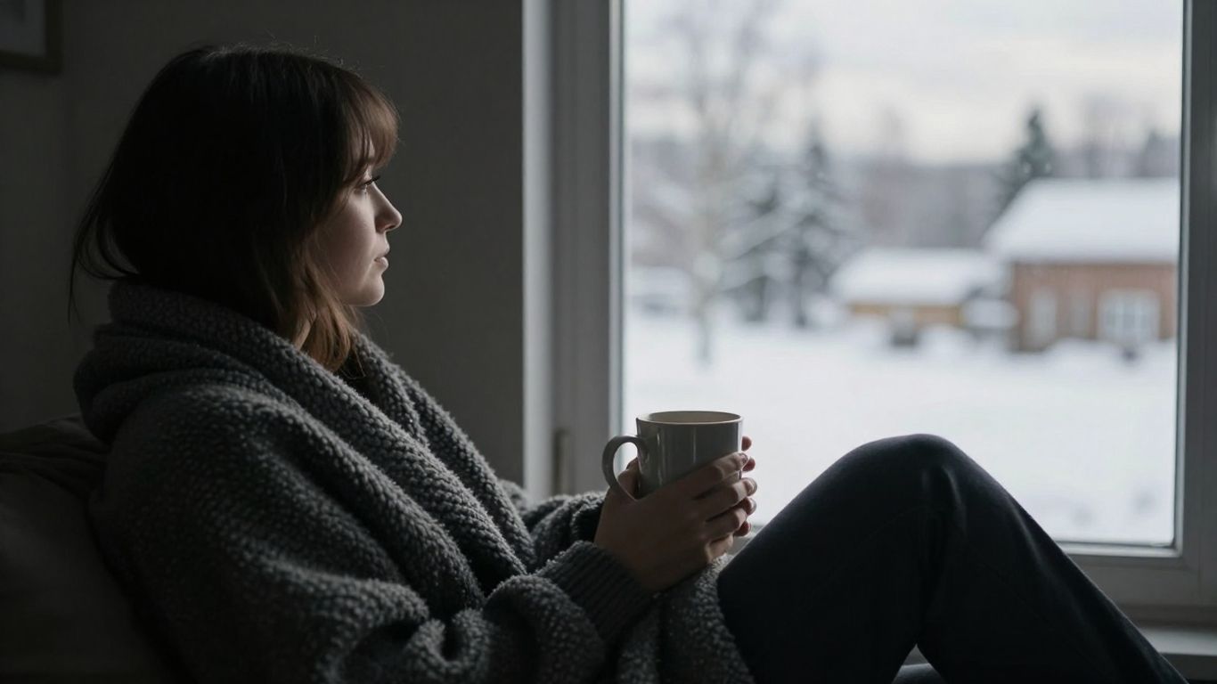 Person by window, snowy view, sunlight, recovery.