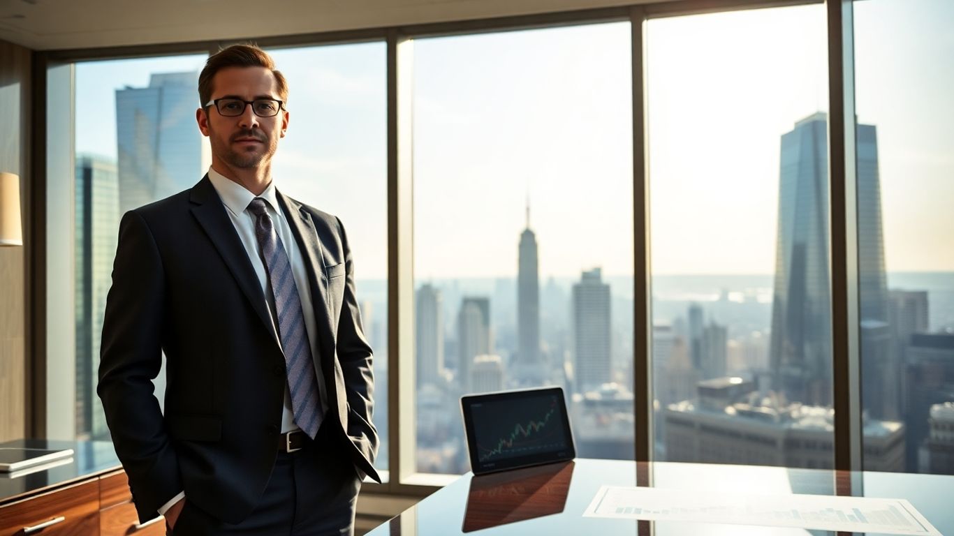 Hedge fund manager in office with city view